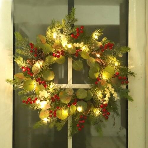 New Christmas wreath red fruit PE simulation leaf garland wall hanging Christmas lantern decoration holiday door hanging