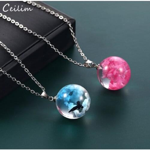 Fashion Transparent Resin Ball Pendant Blue Sky White Cloud Necklace Women New Stainless Steel Chain Necklace Handmade Jewelry