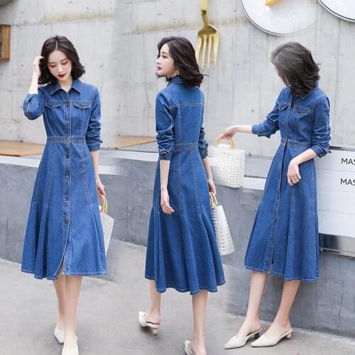 New Fashion Vintage Jeans Dresses Long sleeves Blue Dress Female Autumn Dress woman Dresses Casual 2XL Denim Dress Vestidos