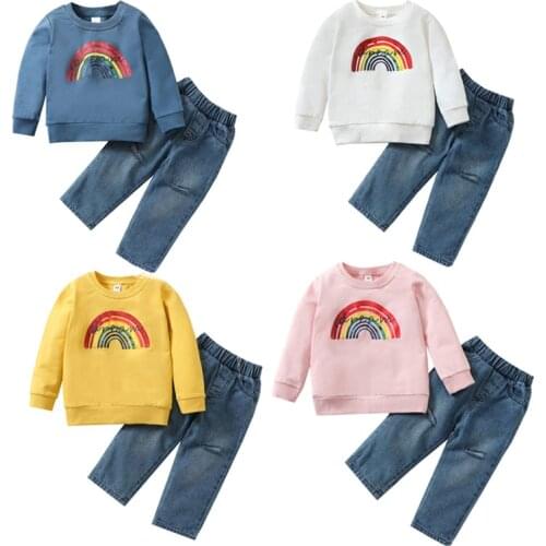 Lioraitiin 0-4Years Toddler Baby Girl 2 Pcs Casual Outfits Rainbow & Letter Pattern Long Sleeve Round Neck Pullover Ripped Jeans