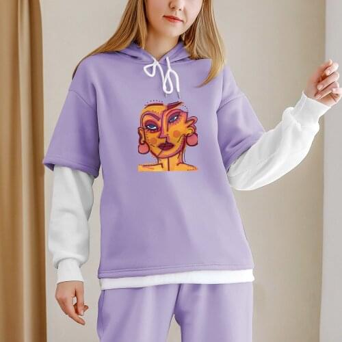 Patchwork Sweatshirt Ladies Art Graphic Color Block Hoodie for Women Plus Size Harajuku Ulzzang Pullovers Warm Moletom Feminino