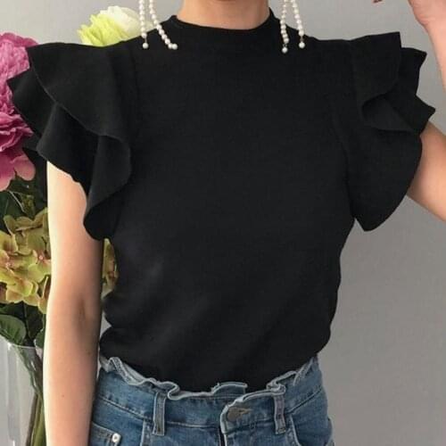 Chic Summer Butterfly Sleeve Knitted Top Woman New All Match Slim Knitting T-shirt Women Elegant Ruffles Solid Pullovers