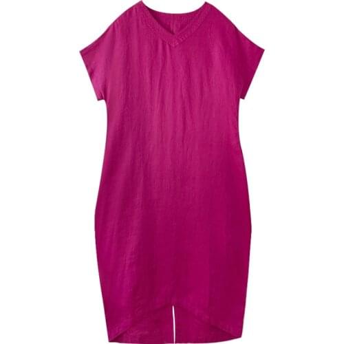 2021 summer linen solid color V-neck pressing line short sleeve split cocoon dress womens loose medium length dress d115