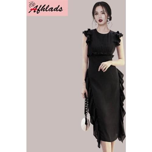 2020 Summer Women Round Neck Black Dress Sleeveless High Waist Black Ruffles Dress Casual Fashion bodycon vestidos Dress