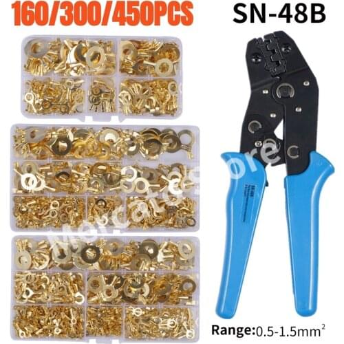 160/300/450PCS M3-M10 Electrical Wire Crimp Terminal Connerctors Non-Insulated Ring Lugs Cable Connector Crimper Plier Tools Set
