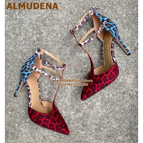 ALMUDENA Red Blue Leopard Suede Pointed Toe High Heel Shoes T-Strap Buckle Embellished Dress Pumps Color Patchwork Thin Heels
