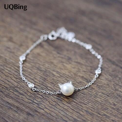 Free Shipping 925 Sterling Silver Bracelets Cat Pearl Charm Silver Bracelets Jewelry For Girl Srebrna bransoletka pulsera