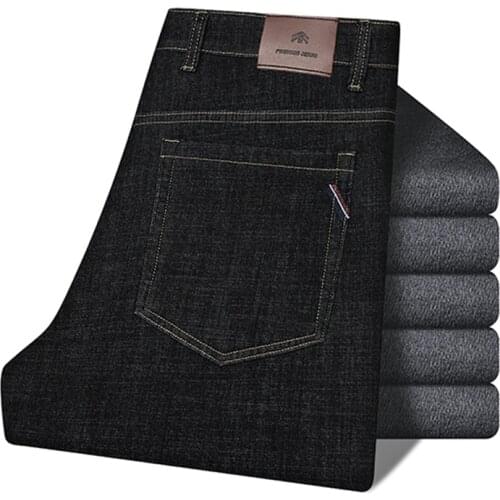 Classic Brand MenS Fleece Jeans Business Casual Loose Straight Black Pants 2021 Autumn And Winter New Male Warm Denim Trousers