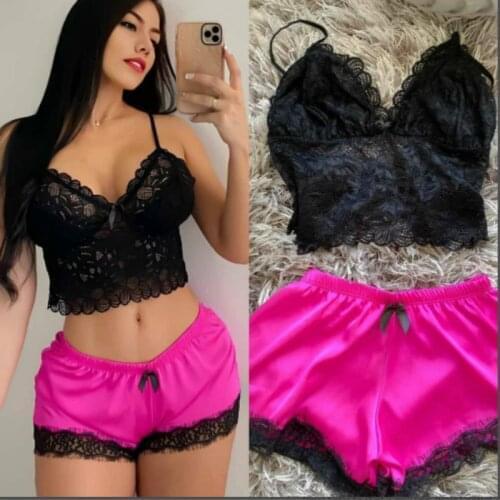 Women Pajamas Set Two Pieces Set Lace ice silk camisole Summer top sexy Sleeveless Loose Elastic Waist Shorts Women Homewear