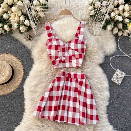 Womens Summer Suit Korean College Style V-neck Short Suspender Top + High Waist Skirt Two-piece New Casual Female Sets LH601