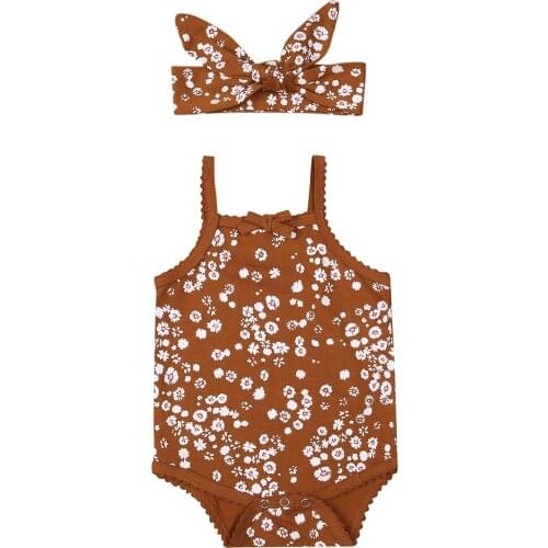 Baby Summer Clothing Floral Two Piece Set Baby Girl Square Neck Sleeveless Bodysuits Bowknot Headband 0-24M