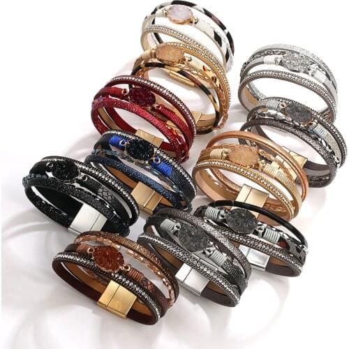 ALLYES Multilayer Resin Charm Genuine Leather Bracelet for Women Bohemian Crystal Chain Wrap Bracelets Party Female Jewelry Gift