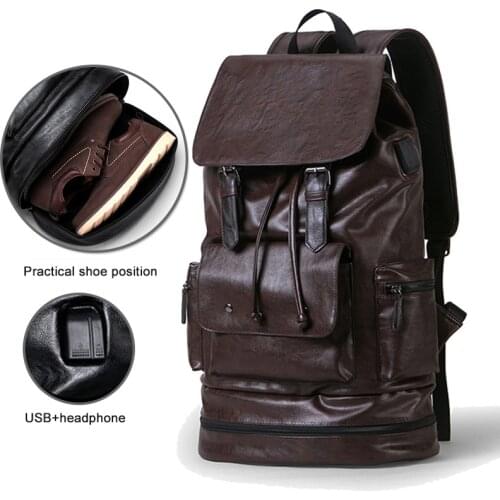 Mens Backpack PU Leather Shoe Compartment Large Capacity Rucksack Men For Traveling with USB Charging K015