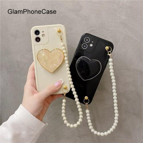 GlamPhoneCase heart Grip Pearl Chain Phone Case For iPhone12Pro/max 11Pro/Max XS Max XR Soft Silicone Cover For iPhone11 7 8Plus