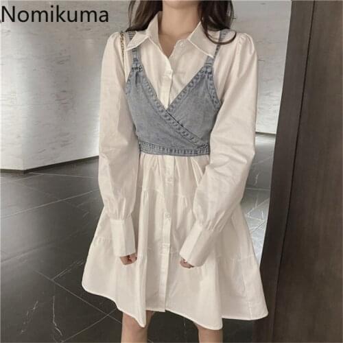 Nomikuma Korean New Fashion 2pieces Sets Demin Short Sling Vest + Sweet Elegant Blouse Dress 2021 Spring Women Suits 6E983