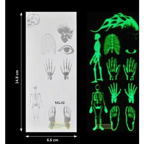 [ glaryyears ] New 1 PC Silver Noctilucent Temporary Metallic Tattoo YG-11 Skeleton Bone Skull Head Hand Feet Night Bar Wine Pub