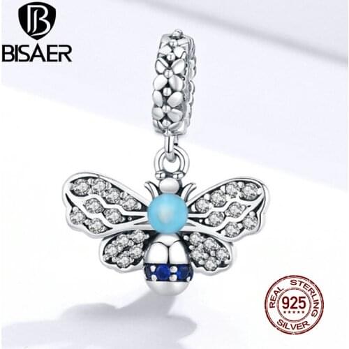 BISAER Little Bee Charm 925 Sterling Silver Blue Enamel Pendant CZ Animal Beads for Original Bracelets Necklace Jewelry ECC1480