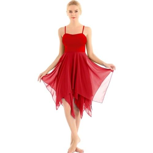 TiaoBug Elegant Women Asymmetric Chiffon Strap Modern Ballroom Stage Contemporary Lyrical Dance Costumes Women Tutu Ballet Dress