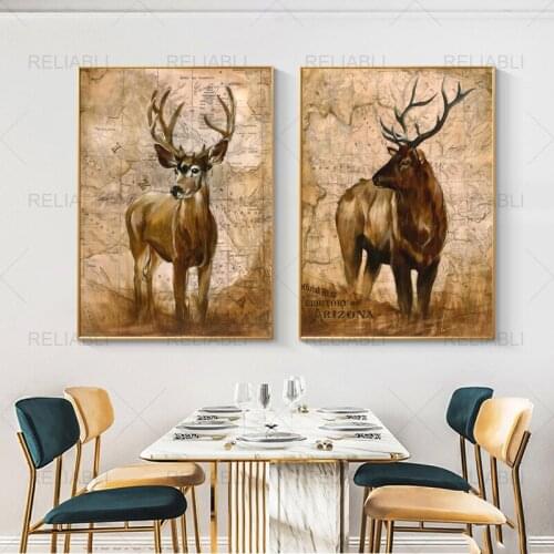 Retro Vintage Decorative Animal Deer Canvas Painting Animal Art Map Print Poster Wall Paintings Home Bedroom Wall Decoration