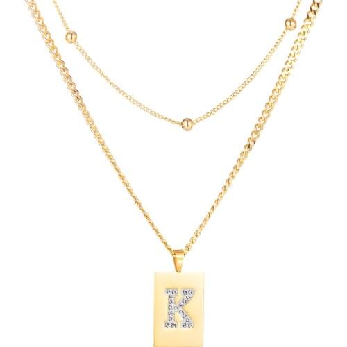 Rose Gold Square Letter K Zircon Pendant Women Necklaces Fashion Stainless Steel Neck Layered Chain Jewelry Accessories Necklace