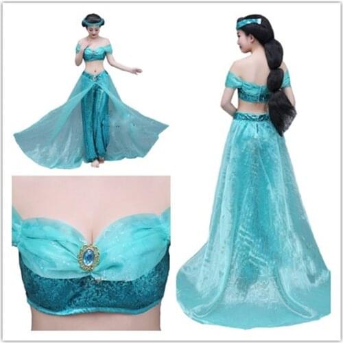 Adult Aladdin Princess Jasmine Cosplay Costume Female Sexy Dress Halloween Costumes Women and Girls Beautiful Ball Gowns Dress