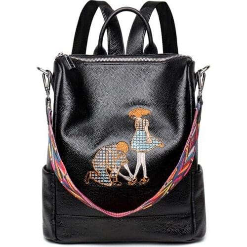 Women backpack genuine leather female designer school bags high quality fashion Embroidery black shoulder bags with hard handle