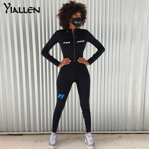 Yiallen Elasticity High Fitness Tracksuit Letter Print Zipper Skinny Black Jumpsuit For Women Long Sleeveless Workout 2021 New