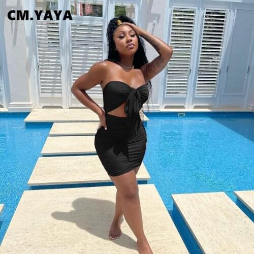 CM.YAYA Women Ruched Bodycon Bow Up Strapless Mini Midi Dress Sexy Night Party Clubwear Sleeveless Beach Stacked Pencil Dresses