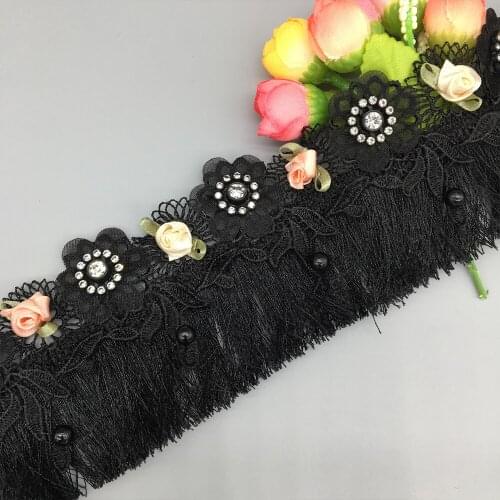 20x Diamond Black Fringe Tassel Lace Trim 3D Flower Mesh Embroidered Lace Ribbon Fabric Sewing Craft Dress DIY Accessories 65mm