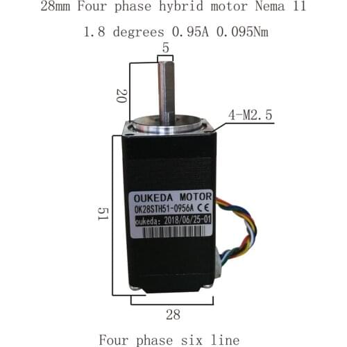 28 motor 51mm body 0.95A 4 phase 6 wire 28 stepper motor 28BYG51 Nema11 motor