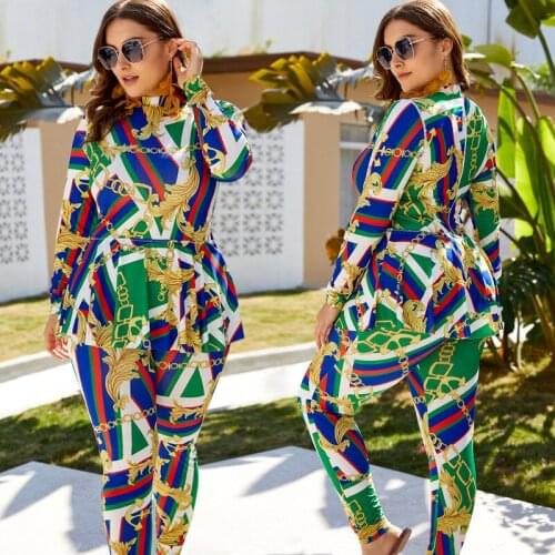 Middle East Large Size Printed One-Piece Swimsuit Summer High Neck Zipper Long Sleeve Trousers Conservative Muslim Swimming Suit