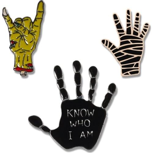 Black Punk Gestures Finger Hand Palm Enamel Pins Lapel Brooches Badges Wholesale Metal Pin Gothic Jewelry Boy Student Kids Gift