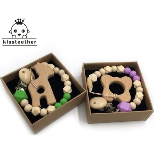 Baby Teether Organic Wooden Animal Teether Natural Teething Grasping Toy Silicone Beads Toddler Teether Newborn DIY Baby Gift
