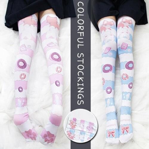 Women Girls' Japanese Kawaii Cartoon Stockings Over Knee High Stockings Cute Doughnut Printed Cat Paw Socks Lolita Cosplay 68cm