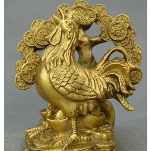 Chinese fengshui old bronze Zodiac chook yuanbao money Rich tree chicken statue