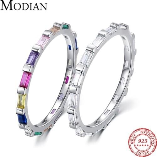 Modian Authentic 925 Sterling Silver Rainbow Emerald cut Rectangle CZ Finger Rings for Women Wedding Band Engagement Jewelry
