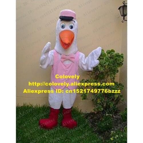 Cool White Stork Mascot Costume Mascotte Red-crowned Crane Goose Swan Cygnus With Small Pink Hat Orange Mouth No.1787 Free Ship