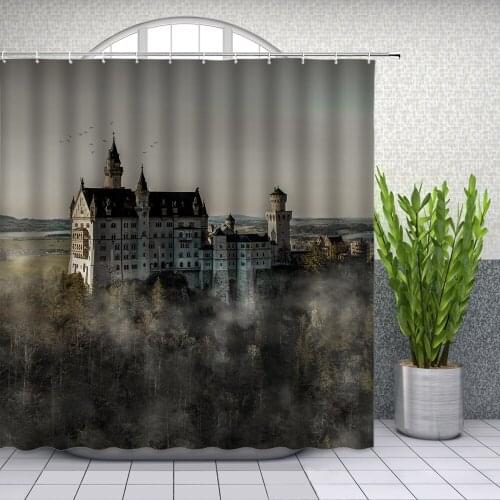 Landscape Shower Curtains Forest Ancient Castle Building Hazy Scenery Bathroom Decor Home Bath Polyester Fabric Curtain Set