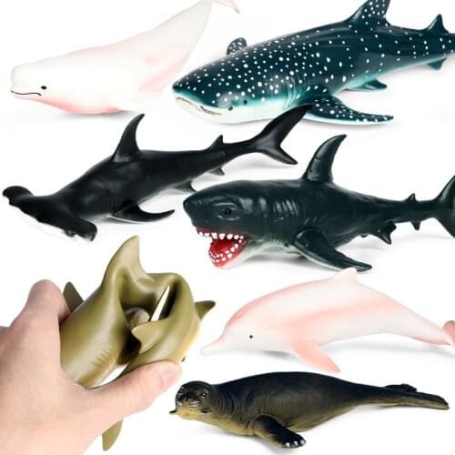 Soft PVC Ocean Marine Beluga Seal Megalodon Blue Whale Shark Dolphin Action Figures Sealife Animals Model Toy For Kid Gift