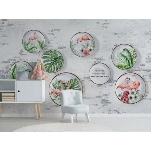 Custom mural 3d photo wallpaper Simple fresh leaves flamingo garden brick wall decor room 3d wall murals wallpaper for walls 3 d