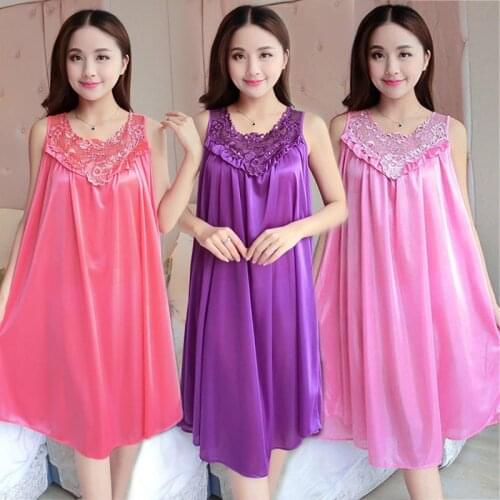 New Womens Pajamas Summer Satin Lace Ice Silk Nightdress Sexy Lingerie Female Sleeveless Blouse Plus Size Long Nightgown