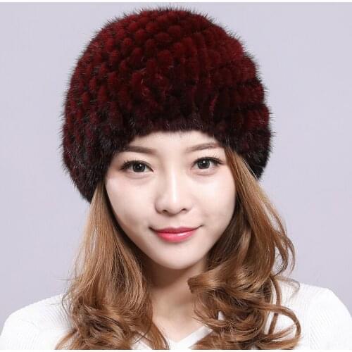 New women Genuine real natural knitted Mink Fur Hat hand made knit Fashion Winter Headgear Berets cap
