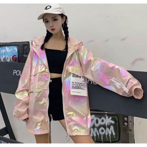 NEW Shiny Jacket Women Casual Neon Jacket Hooded Windbreaker Silver Jacket Summer Thin Jackets Plus Size Long Sleeve Outerwear