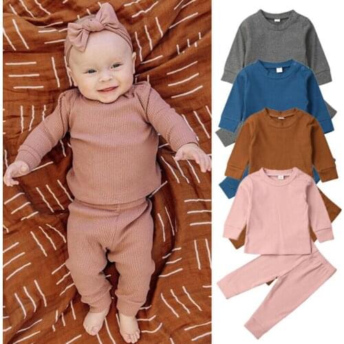 Newborn Baby Girl Boy Infant Long Sleeve Clothes T-shirt Top Pants Leggings Outfits Toddler Kids Solid Cotton Tracksuit 0-24M