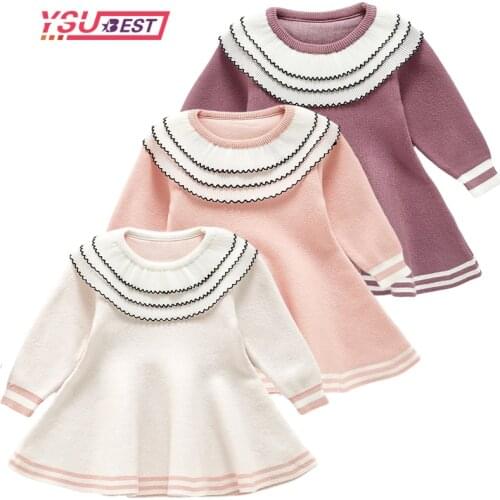 2021 Autumn Winter Baby Girls Knitted Sweater Dress Princess Elegant Toddler Kids Warm Dresses Infant Children Ruffle Clothes