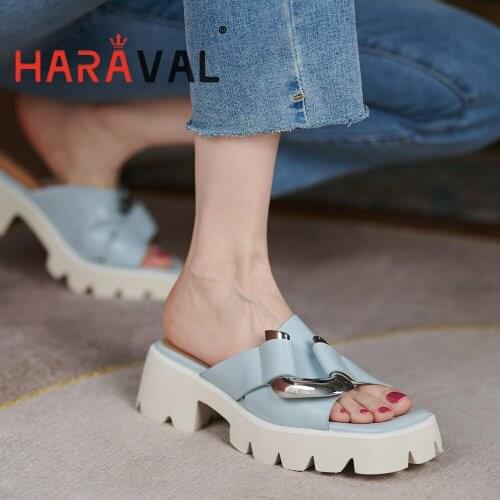 HARAVAL Women Slides Shoes ThickHeels Eelgant Genuine Leather Casual Platform White Black Blue Back Strap Solid Female Shoe B343