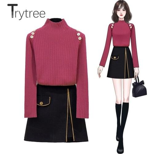Trytree 2020 Autumn Winter Two Piece Women Set Turtleneck Buttons Elasitc Sweater + Tweed Blends ZIP Shorts Skirt 2 Piece Suit