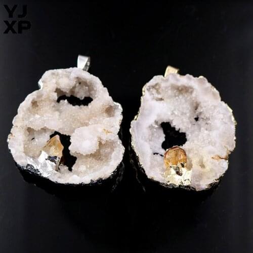 YJXP 1Pcs Personalized Natural Freeform Onyx Geode Crystal Slice Pendant Inlay Yellow Crystal Women Reiki Healing Charms Jewelry