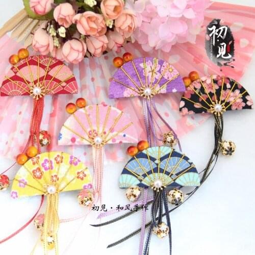 Geisha Antiquity Style Hanfu Kimono Fan Ribbon Bell Hairpin Side Clip Tsumami Zaiku Kimono Headdress Handwork Hair Accessories