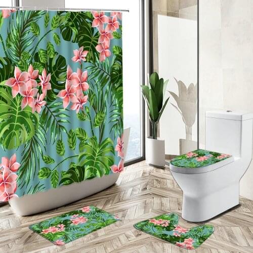 Tropical Plant Flower Shower Curtain Colorful Painting Bathroom Set Summer European Style Non-Slip Carpet Toilet Cover Floor Mat
